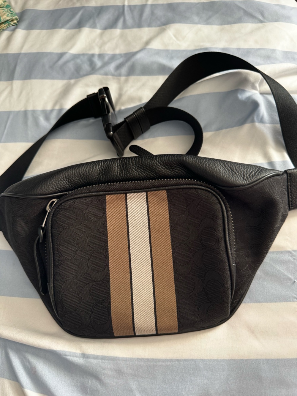 Coach Men's Black Belt Bag with Tan and White Stripes